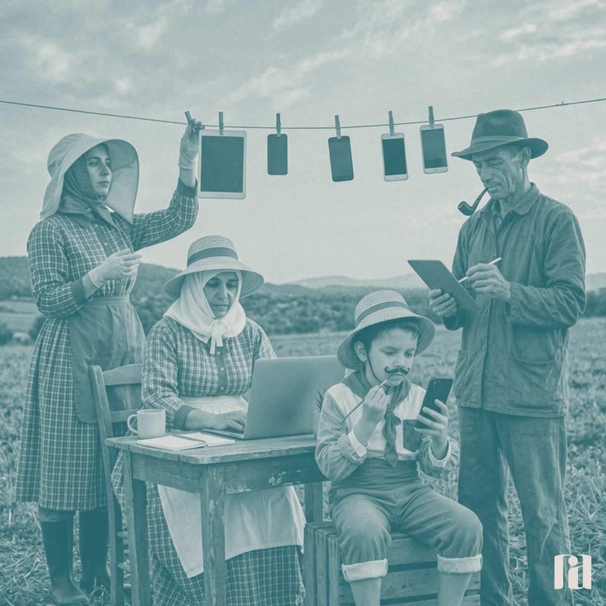 Familia vestida de campesinos de Lanzarote con portátil, tableta y móviles tendidos en una cuerda, entre viñedos y volcanes