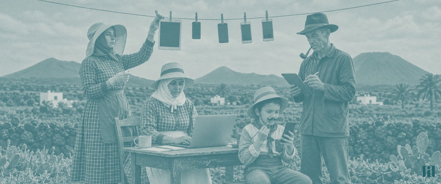 Familia vestida de campesinos de Lanzarote con portátil, tableta y móviles tendidos en una cuerda, entre viñedos y volcanes