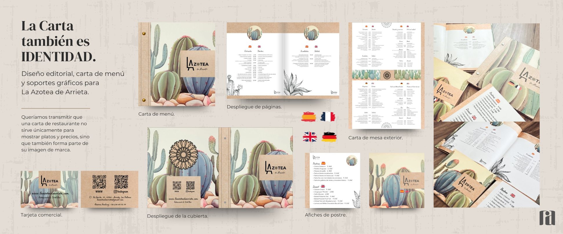 La Azotea de Arrieta: diseño editorial de la carta de menú, despliegue de páginas y cubierta, carta de mesa exterior, afiches de postre y tarjeta comercial con ilustraciones de cactus